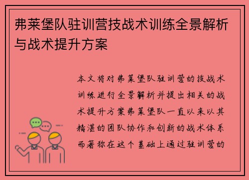 弗莱堡队驻训营技战术训练全景解析与战术提升方案