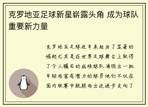 克罗地亚足球新星崭露头角 成为球队重要新力量