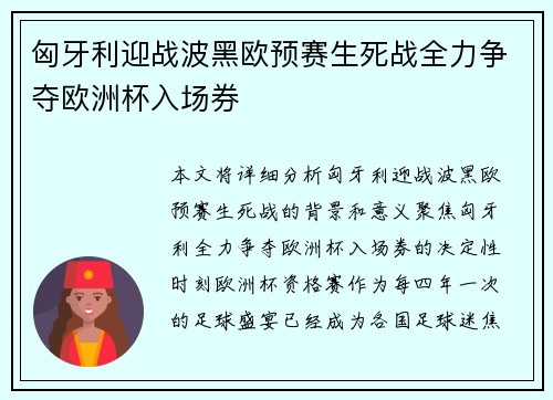 匈牙利迎战波黑欧预赛生死战全力争夺欧洲杯入场券