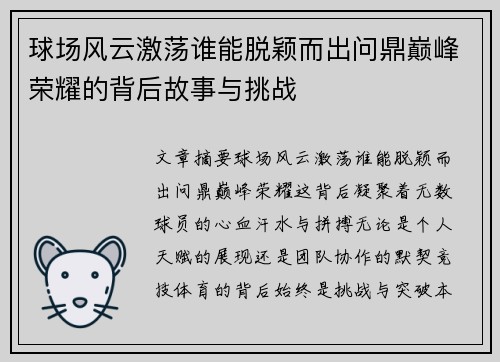 球场风云激荡谁能脱颖而出问鼎巅峰荣耀的背后故事与挑战