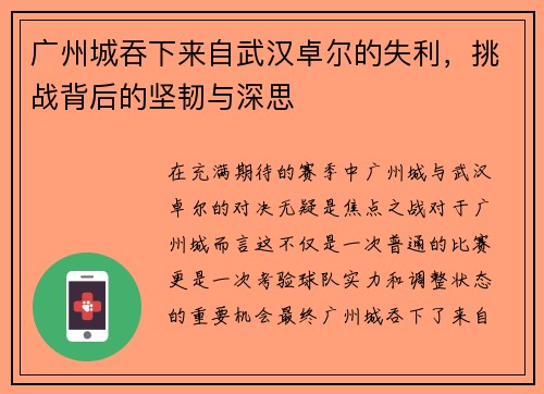 广州城吞下来自武汉卓尔的失利，挑战背后的坚韧与深思